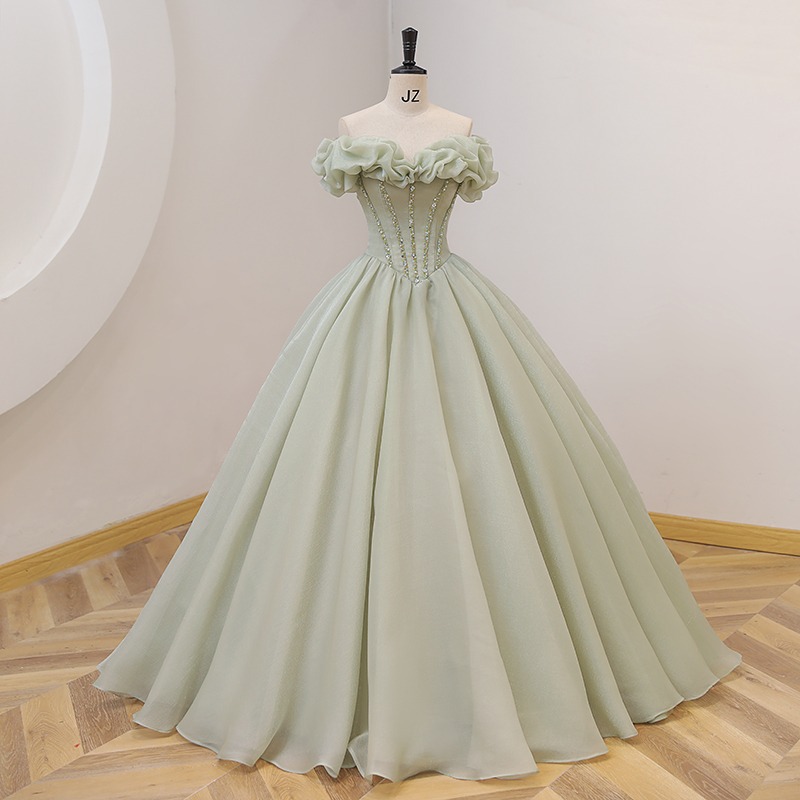 Vestido verde de un solo hombro falda tutú 2025 nuevo estudiante música vocal prueba de arte traje de presentación anfitriona de la fiesta femenina