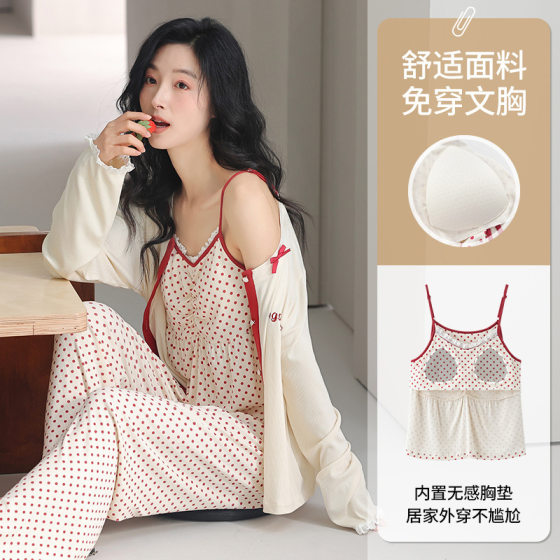 2025 New Style Pajamas with Chest Pad Women's Sweet Simple Ice Silk Thread Sling Three-piece Set Women's Spring and Summer Home Clothes