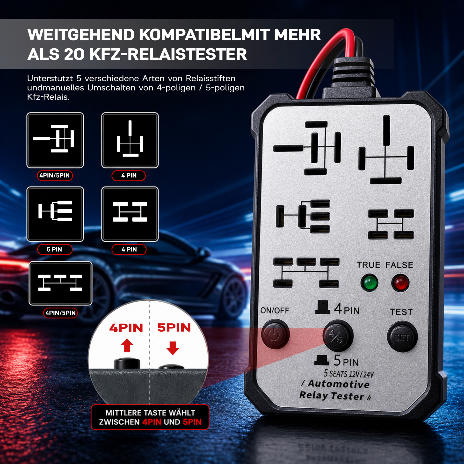 Relay Diagnostic Instrument Multi-Pin Relay Tester 5-Seat Five-Socket 12/24V Relay Detector