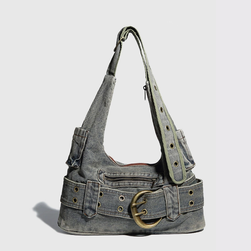 Denim Underarm One-Shoulder Bag, Spacious Washed Blue, Adjustable Strap