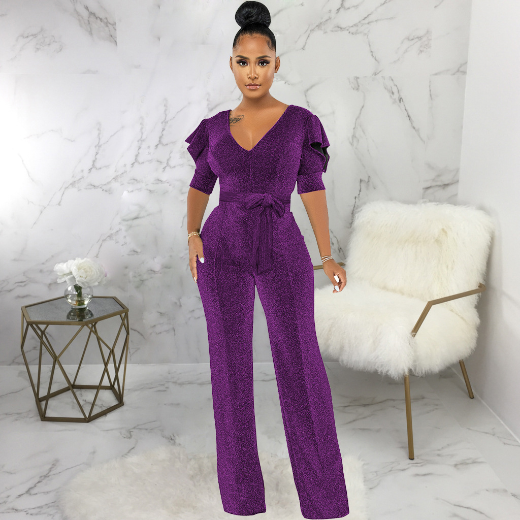 solid color V-neck high-stretch filigree jumpsuit NSMRF125935