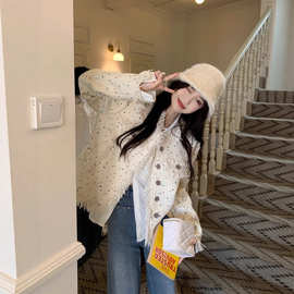 软糯千金感彩色波点流苏翻领针织短外套女2025早秋宽松感长袖上衣