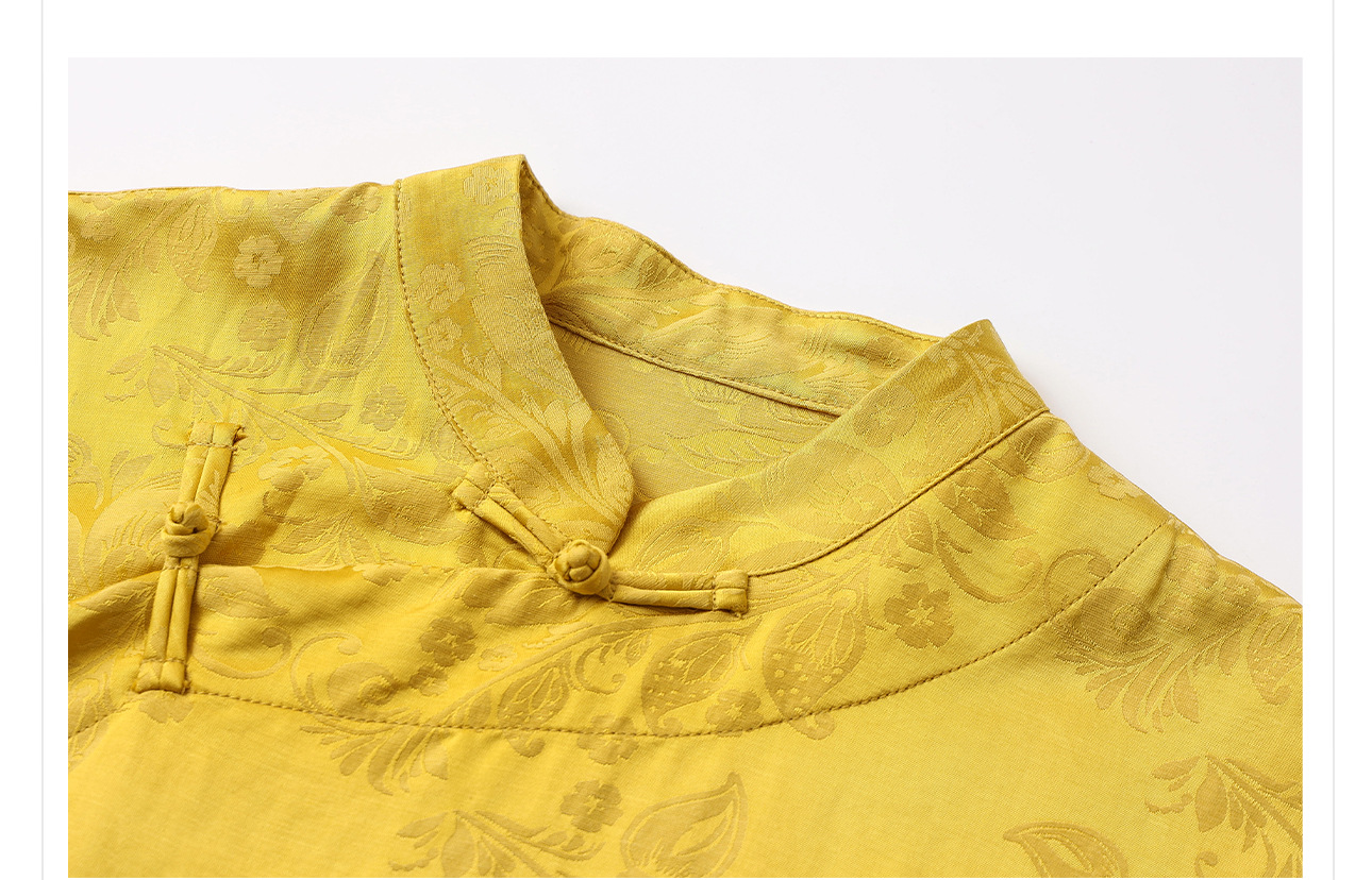 Bộ áo quần hai mảnh phong cách Trung Hoa mới cổ đứng jacquard mùa hè — Áo màu vàng, Quần dài màu vàng chi tiết 6