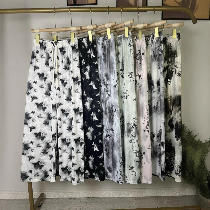 New Ice Silk Thread Wide-Leg Pants Summer Thin Sunscreen Pants Ink Tie-Dye Wide-Leg Pants Guofeng Fairy Cool Pants