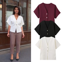 亚马逊女装批发2025夏季新款欧美风简约百搭平针短袖V领针织衫