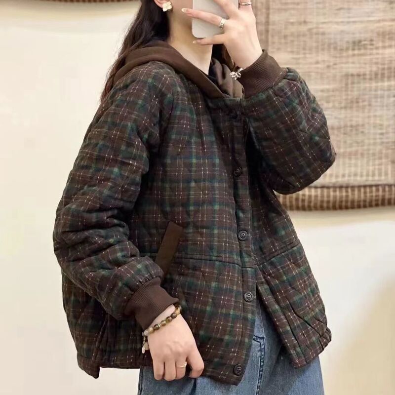 Casual Cotton-Padded Jacket for Women, New Winter Style, Retro Plaid Hooded Fashion, Loose, Warm, Comfortable, Lightweight Cotton-Padded Jacket, Green Plaid