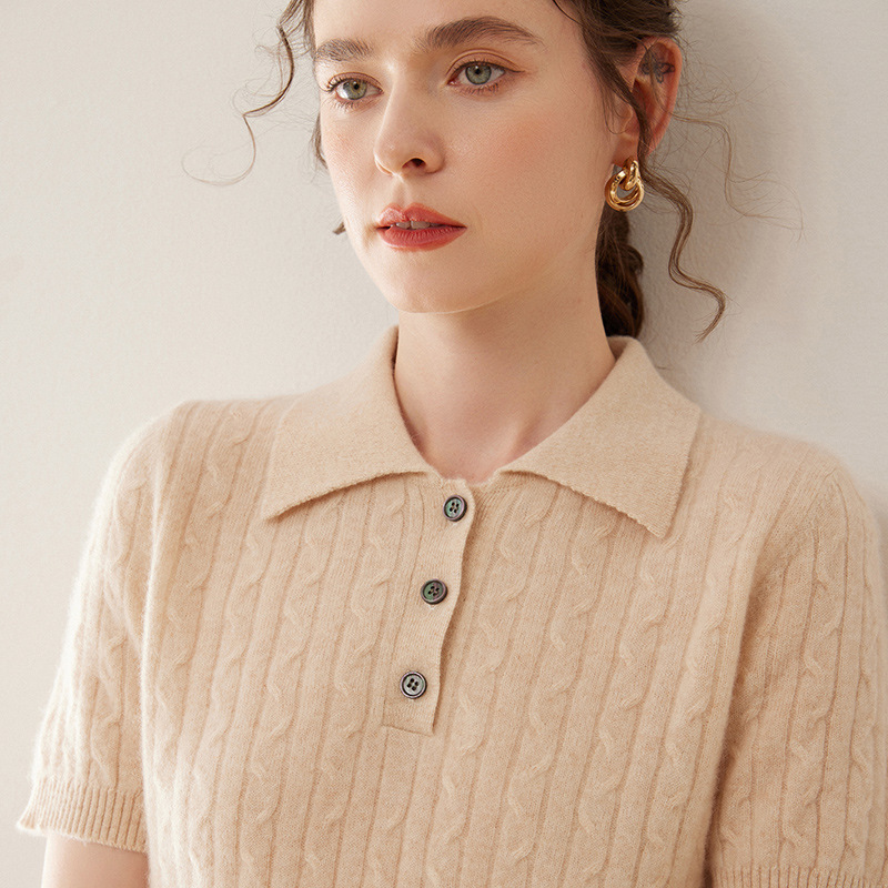 Polo Collar Cashmere Sweater for Women, 100% Pure Cashmere Cable Knit Base Sweater, Twisted Pattern, Mid-Length for Commuting
