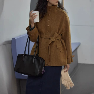 现货法式羊毛立领短款毛呢外套女春秋新款灰色收腰外套