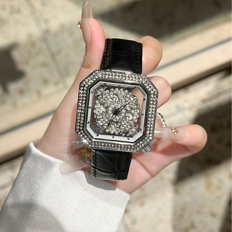 Bujiada Brand Square Watch for Women, Stylish Waterproof Watch with Diamond-Studded Genuine Leather Strap