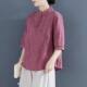 Cotton Loose T-shirt Retro plus size Button Mid-sleeve Shirt Women's Collar Zen Tea Clothes Loose Pullover