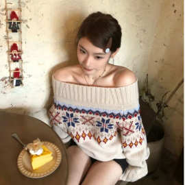 欧美跨境亚马逊一字领针织毛衣女软糯慵懒风撞色提花宽松长袖上衣
