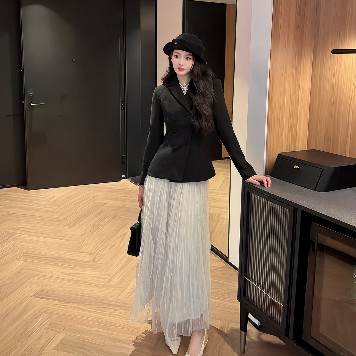 [Classic Reappearance] Lady Eight-Shape Black Waist-Cinching Blazer Women's Double-Breasted Trench Coat Short Style for Spring and Autumn