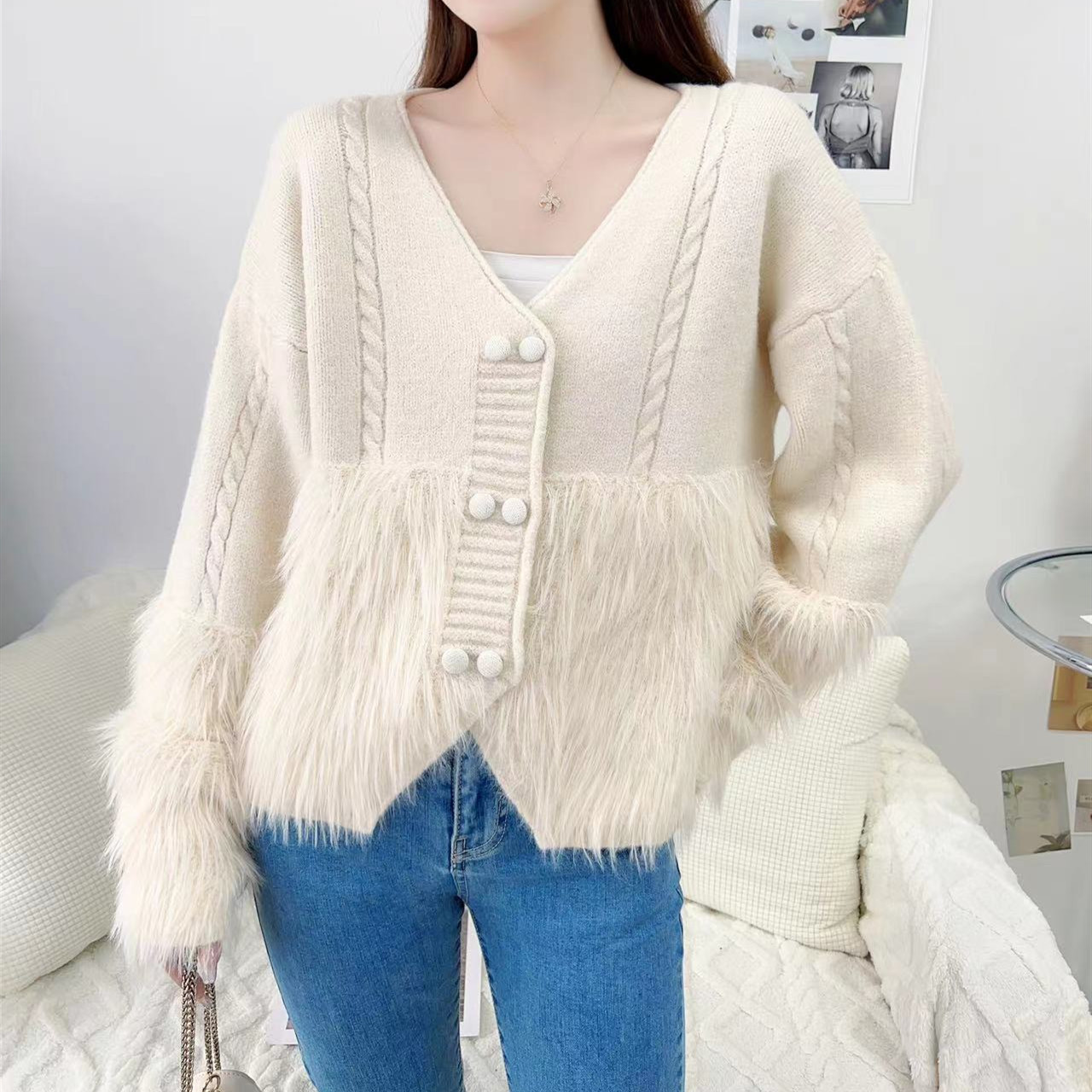 Suéter de punto de imitación visón nuevo para otoño/invierno, diseño trenzado y con diseños, cárdigan con botones simples y cuello en V, manga larga juvenil, abrigo