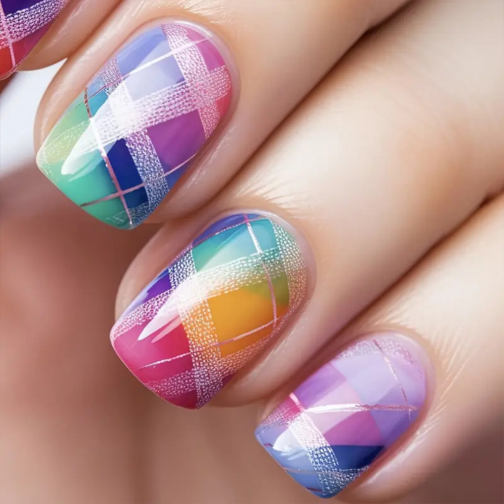 Comercio exterior arco iris cuadrícula gradiente de uñas falsas europeas y americanas 24 piezas de uñas de primavera y verano