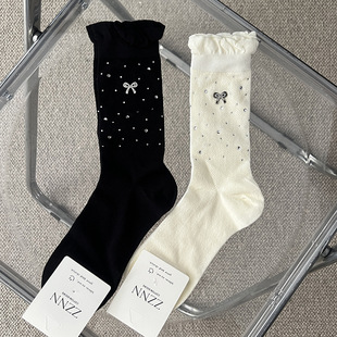 Jewelry Socks European Goods Light Luxury Decorative Hot Drilling Bow Metal Spring and Summer Thin Cotton Socks Women's Socks Internet Popular Same Style