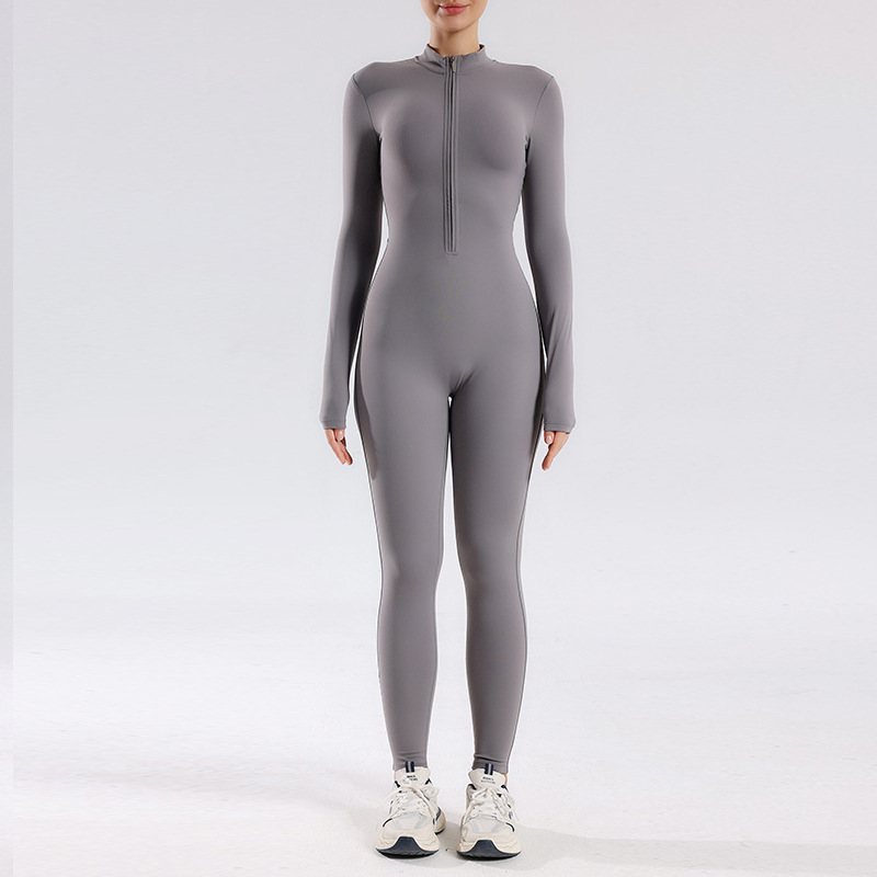 Ropa de yoga de una pieza de manga larga delgada con cremallera desnuda de una pieza con cuello alto
