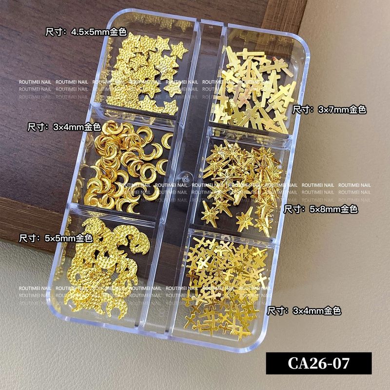美甲饰品新款材料盒6宫格金银混装款式百搭星星月亮蝴蝶结指甲钻|undefined