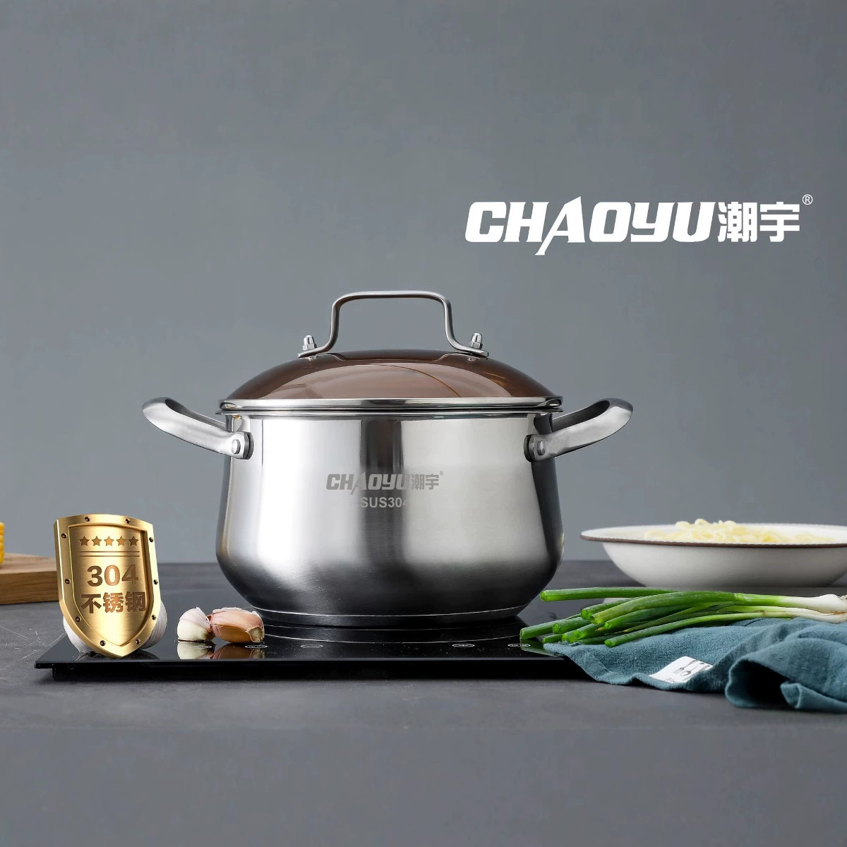 Двухслойная кастрюля для супа из нержавеющей стали 304 Chaoyu, композитное дно, пароварка разного размера 20–26 см