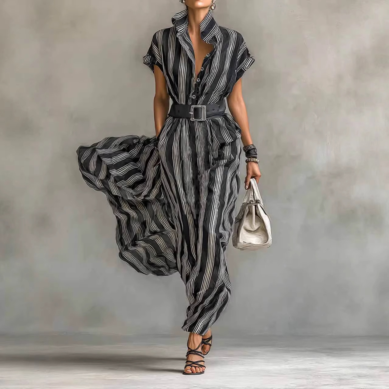 2026 European And American Cross-border Independent Site Elegant Short-sleeved Collar Striped Shirt Dress_ecoleips.com