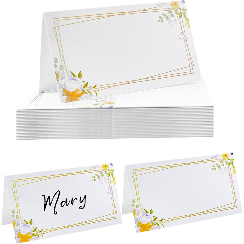 Spring Yellow and Purple Floral Gold-Edged Place Cards, Handwritten Wedding Banquet Table Cards, Guest Name Guide Cards, Seating Cards