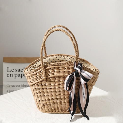 New Korean Grass Woven Bag for Women, Fashion Silk Scarf Summer Grass Bag Weaving Bag Beach Vacation Sand Bag Shoulder Bag