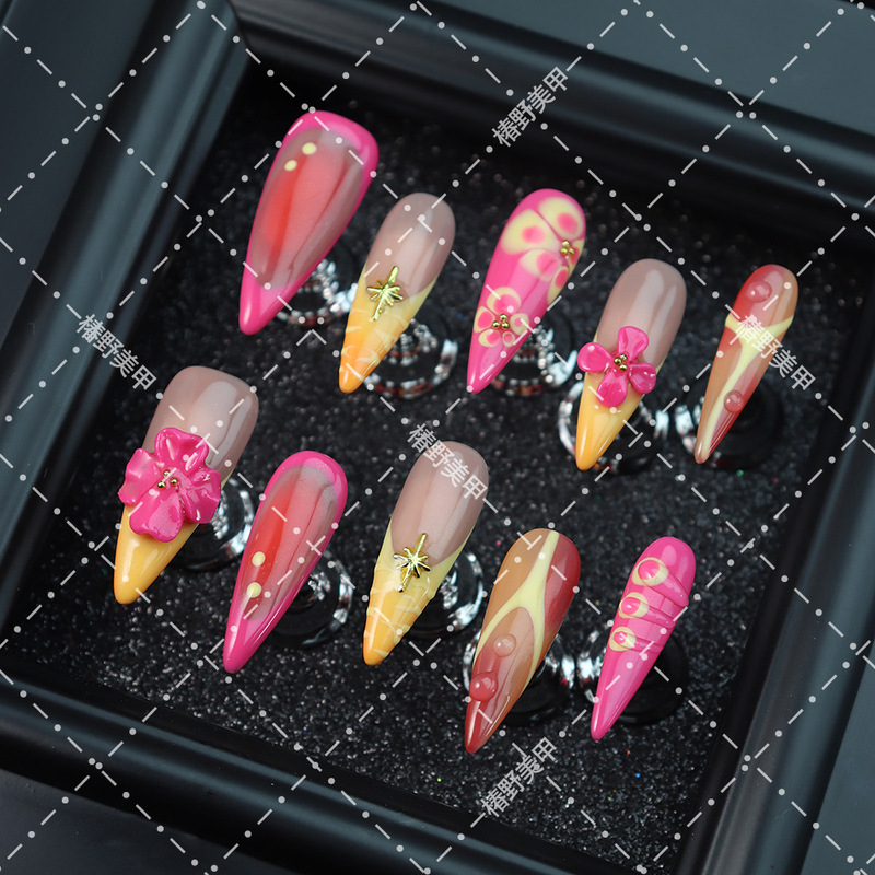 High-End Rose Red Gradient Three-Dimensional Flower French-Style Press-On Nails, Long Handmade Nail Art Pieces That Enhance Complexion and Add Elegance