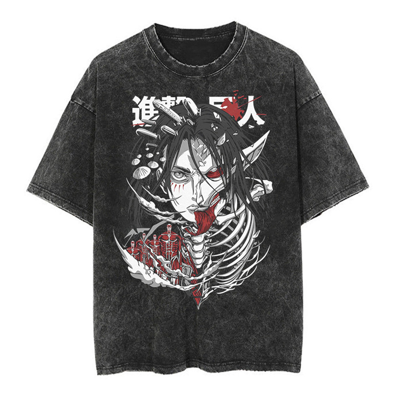 New Japan Attack on Titan Cartoon Animation Oversize High Street Vintage Washed Batik Short-Sleeved T-Shirt New Japan Attack on Titan Cartoon Animation Oversize High Street Vintage Washed Batik Short-Sleeved T-Shirt