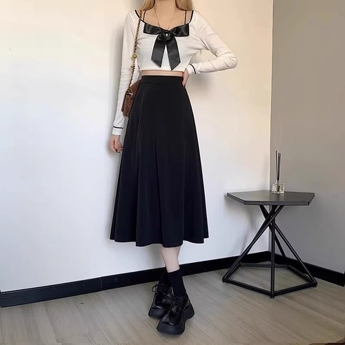 Women's Autumn/Winter Medium-Length High-Waist Slimming A-Line Skirt Black Petite Girl Large Swing Umbrella Skirt