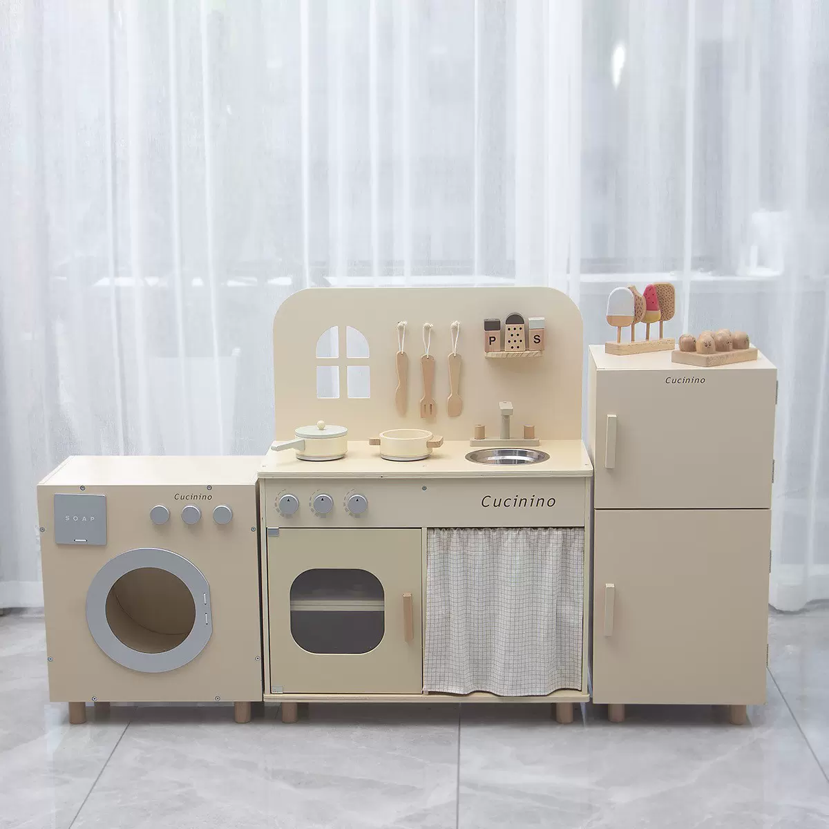 木质儿童奶咖过家家厨房玩具洗衣机冰箱厨具锅具套装女孩宝宝礼物