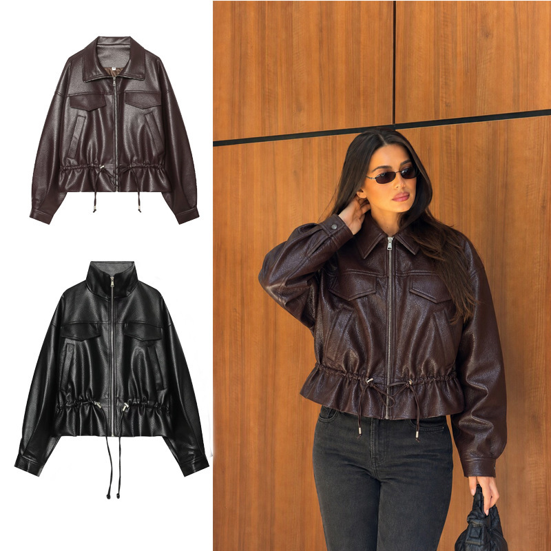 European and American retro dark brown faux leather short jacket for women with turn-down collar, zipper, drawstring, and loose fit UWG150108 European and American retro dark brown faux leather short jacket for women with turn-down collar, zipper, drawstring, and loose fit UWG150108