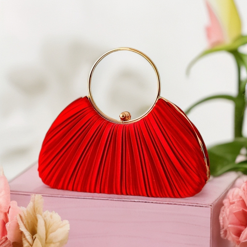 Túi clutch dạ tiệc satin xếp ly hình vòng tròn, phong cách sườn xám, có dây đeo chéo — Màu mơ, Màu trắng, Màu bạc, Màu hồng