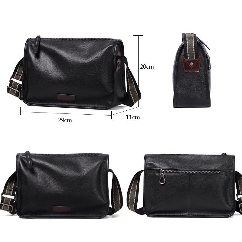 Túi đeo chéo nam da bò kiểu retro 29×11×17 cm — Màu đen da thực vật, Da cầm tay màu đen