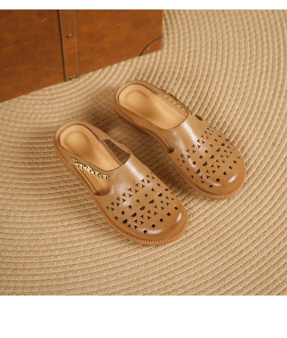 Dép sandal nữ da bò mũi trùm đế bệt kiểu lỗ thoáng khí — đen chi tiết 16