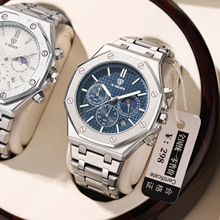 瑞士品牌X-GEQCK外贸爆款三眼六针多功能月相钢带男士手表watch表