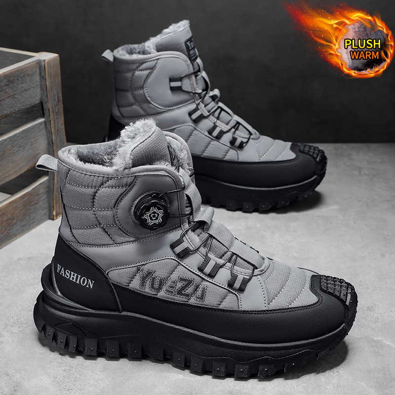 winter new outdoor leisure cold protection fleece thickened high cotton-padded shoes rotating button trendy all-matching plus size men‘s shoes