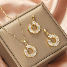 【钛钢链】法式简约几何锆石项链时尚五角星圆圈耳环满钻圆环颈饰