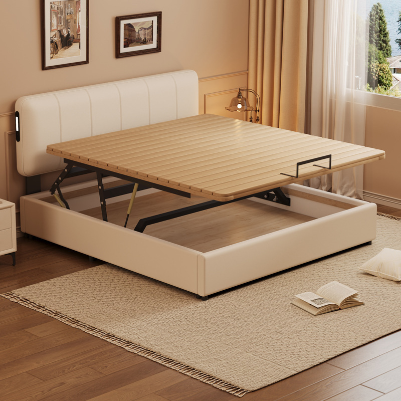 Modern Simple Leather Bed, Adjustable Bedside Sliding Air Pressure Lift High Box Storage Bed, Small Apartment Storage Bed