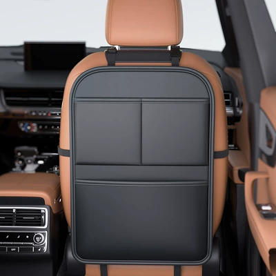 Car Anti-Kick Mat, Rear Chair back anti-kick pad - quality-black-nappa-leather-anti-kick-pad-storage-bag-one-pack