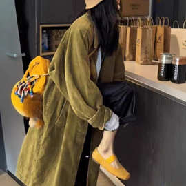 复古灯芯绒风衣外套女2025冬法式小众设计宽松中长款条绒开衫上衣