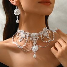 欧美跨境蕾丝仿珍珠吊坠婚礼季项链耳环套装 礼服新娘派对风饰品