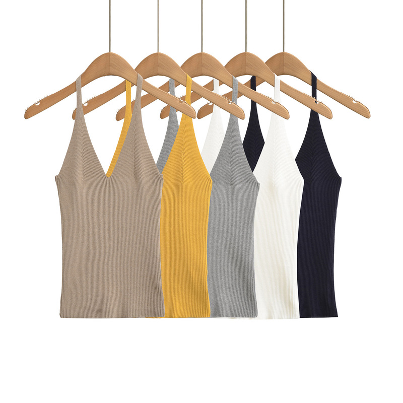 Fashionable Halter Neck French-Style Cool Seamless Knit Slimming Camisole for Women, Summer Elegant High-Elastic Backless V-Neck Fitted Tank Top