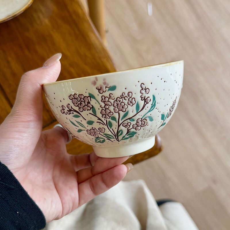 Vintage-Style Ink-Painted Floral Ceramic Bowl and Plate Set for Home Use, High-End Tableware with High Aesthetic Value, Rice Bowls, Western-Style Plates