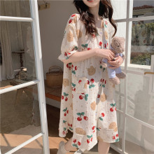 实拍2022韩版棉纱可爱樱桃蕾丝外穿睡裙短袖短裤套装时尚家居服