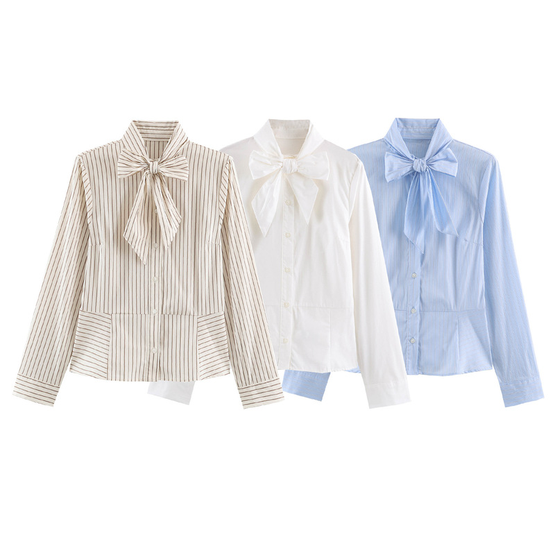 New foreign trade style, European and American fashion: simple and versatile striped shirt with a bow detail, 4387220 New foreign trade style, European and American fashion: simple and versatile striped shirt with a bow detail, 4387220