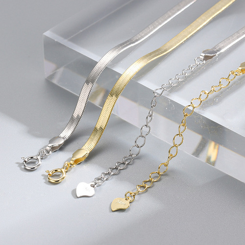 Hot selling S925 sterling silver blade chain flat snake chain European and American style fashion personality niche clavicle neck chain K gold plated ins style