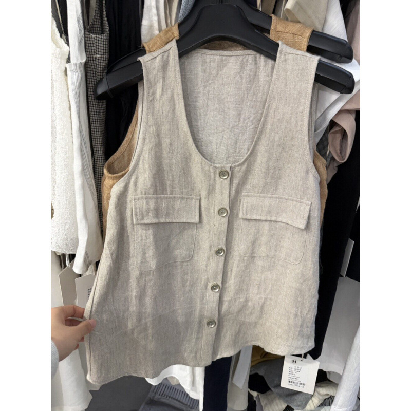 Old Money Style Multi-Pocket Design U-Neck Cotton and Linen Sleeveless Blouse for Women, New Summer Casual Shirt Vest Top for Women