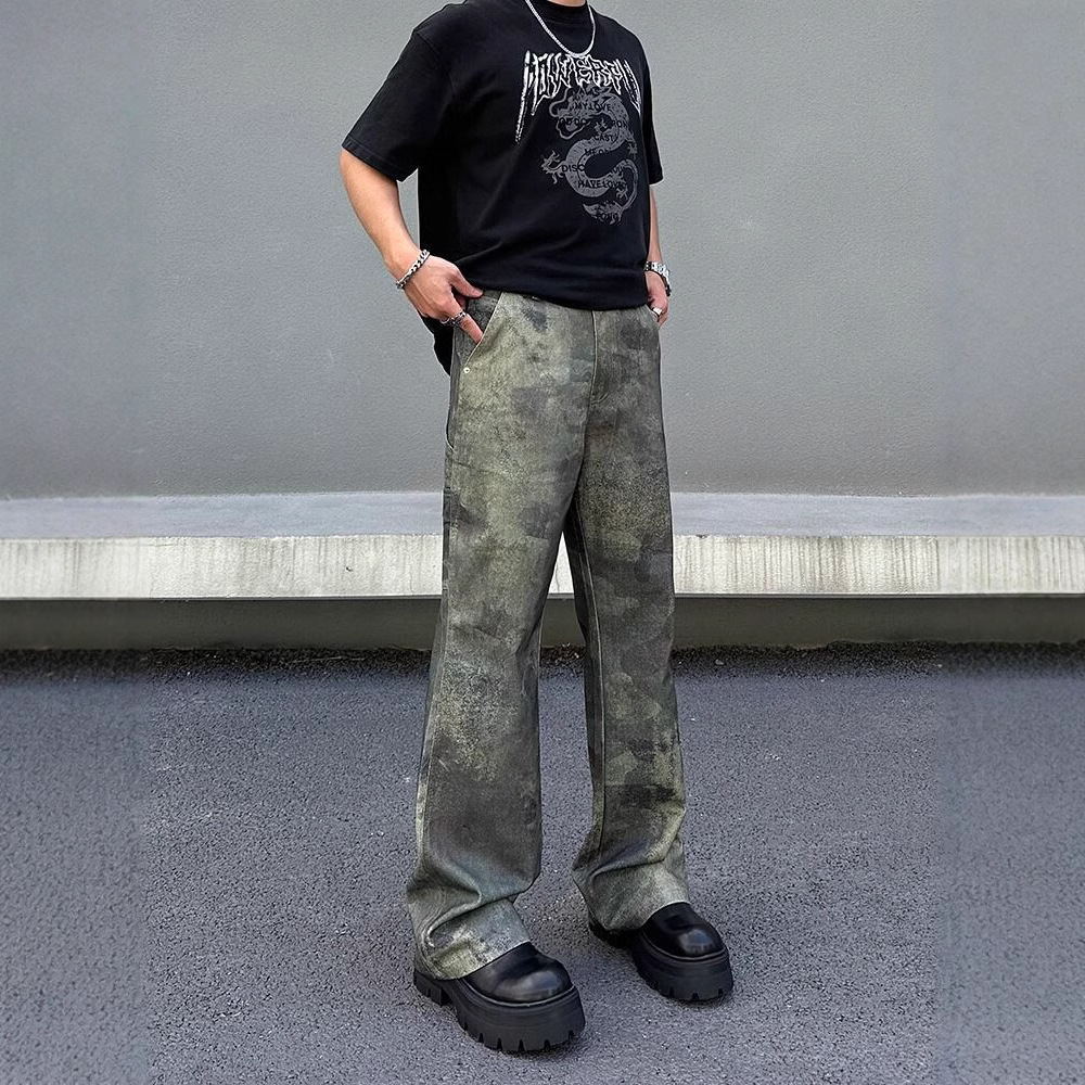 Men's Vintage Washed Denim Jeans | Digital Print Camouflage Pattern | Relaxed Fit Wide Leg Trousers For Retro Streetwear Style_viptrois.com