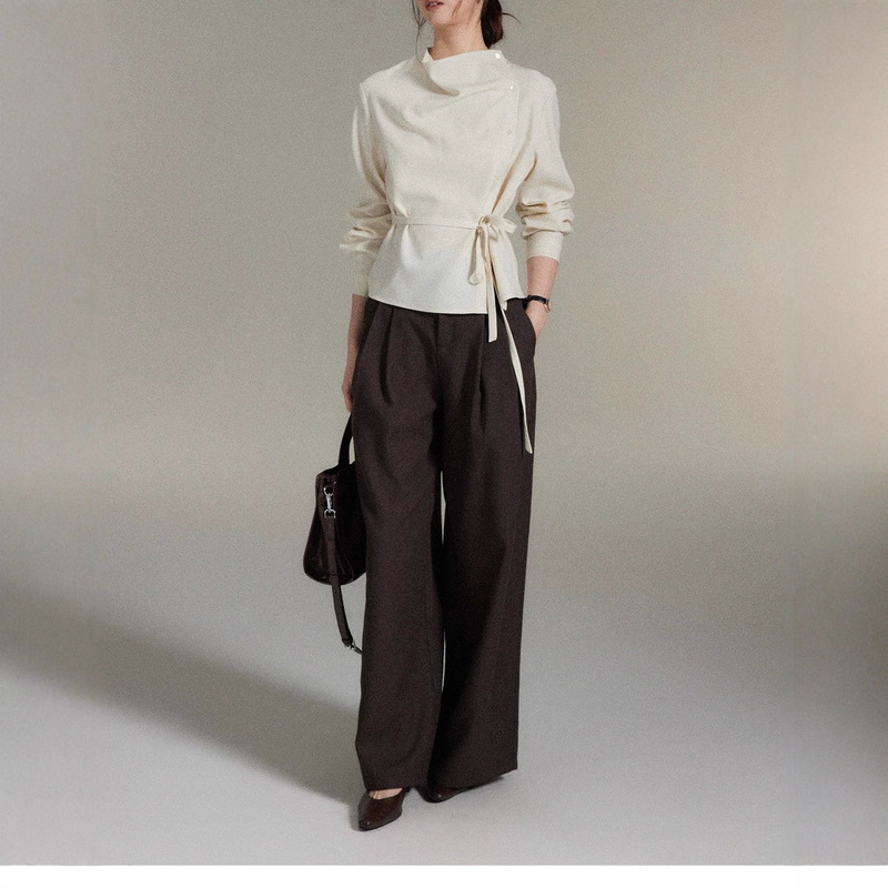 【Trendy】Simple Asymmetric Swing Collar Asymmetrical Placket Tie Waist Top Women's High-End Shirt