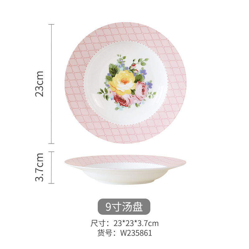 Juego de vajilla de porcelana de hueso de alto valor floral romántico, plato, cuchara, boda, nuevo hogar, vajilla de cerámica, tazón de sopa para el hogar image 17