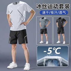 スポーツスーツメンズアイスシルク速乾通気性衣類フィットネス Tシャツランニング半袖ショーツ夏バドミントントレーニング
